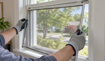 Gloved hands removing a mesh window screen from its frame