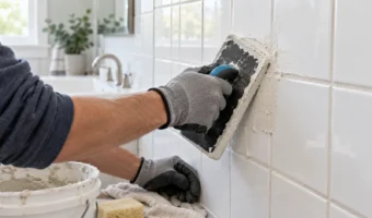 Gloved hand applying fresh grout to bathroom wall tiles