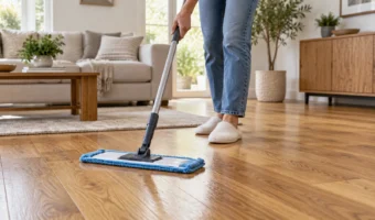 Microfiber mop cleaning an engineered hardwood floor