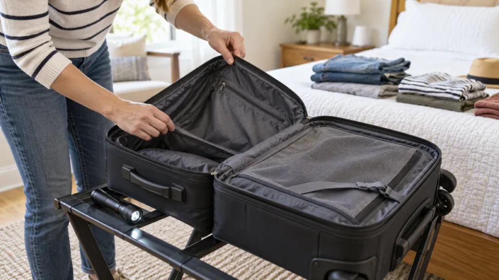 Checking suitcase seams and lining after travel