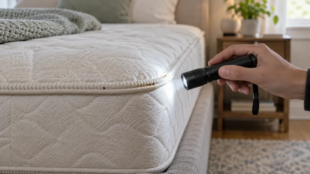 Inspecting a mattress seam with a flashlight for bed bug warning signs
