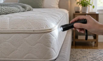 Inspecting a mattress seam with a flashlight for bed bug warning signs